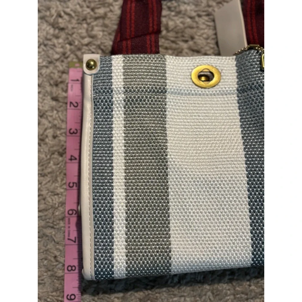 Striped‎ Canvas Tote Bag Burgundy Straps Gold Hardware Women's Shoulder Bag